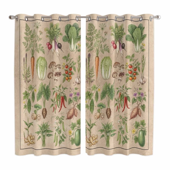 Rustic Vegetable Garden Kitchen Curtains Window Panels, Vintage Farmhouse Plants Beige Insulated Window Treatment Curtain, Grommet Curtains for Bedroom/Living Room/Bathroom, 2 Piece 42"Wx63"L