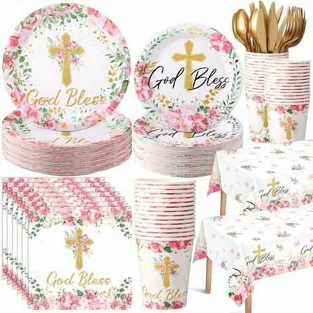 194 Pcs Baptism Plates and Napkins Tablecloth Cups Baptism Decorations Cross Disposable Holy Communion Set for Wedding Newborn Religious First Holy Communion Party Supplies