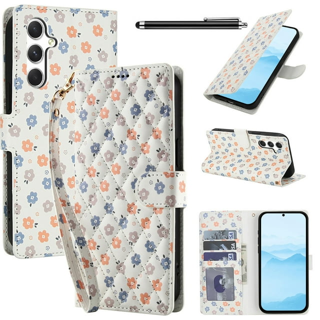 Wallet Case for Samsung Galaxy A14 4G/5G , PU Leather Phone Cover Kickstand RFID Blocking Flip Case Card Slots Wrist Strap Relief Engraved Pattern Magnetic With Stylus Pen, Colorful Flower