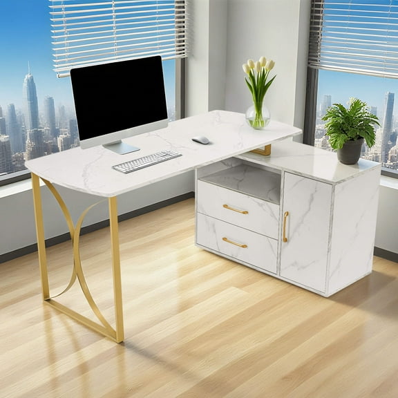 ivinta 55.1" L Shaped Home Office Desk with Drawer Cabinet and Storage Hutch, Writing Study Work Desk for Students, White