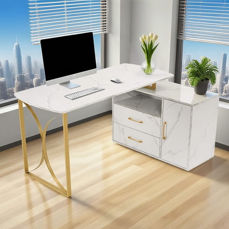 ivinta 55.1" L Shaped Home Office Desk with Drawer Cabinet and Storage Hutch, Writing Study Work Desk for Students, White