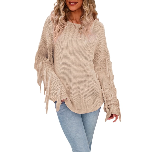 VISgogo Suéter de talla grande para mujer, suéter de punto con flecos de cuello redondo de manga larga de color sólido informal VISgogo moda