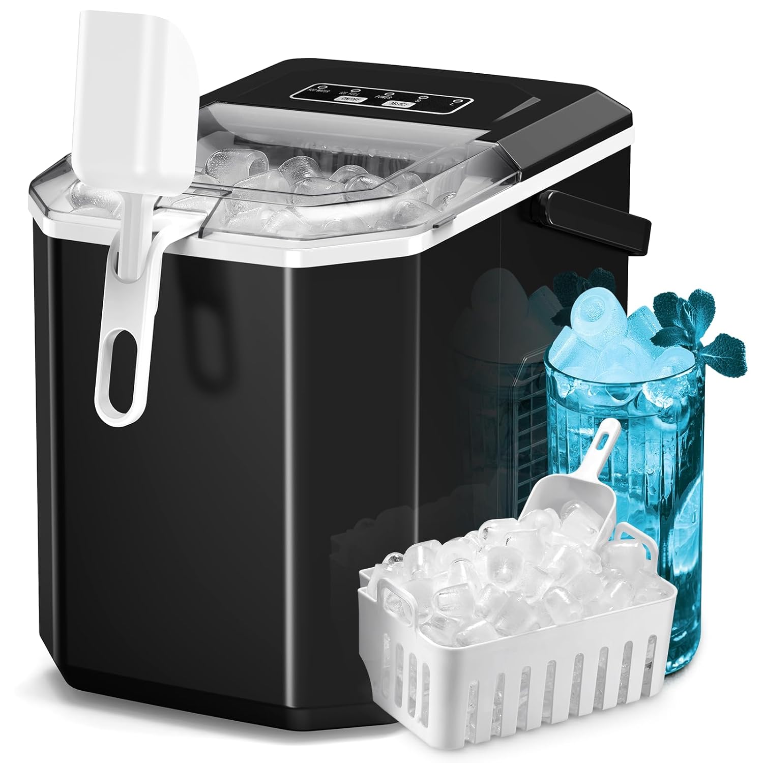 Countertop Ice Maker, 26.5Lbs/24H, 9 Bullet Cubes in 6 Mins, Self-Cleaning Portable Ice Machine with 2 Ice Sizes (S/L), Quiet Compact Design, Double Handles, for Home, Party, RV, Camping, White