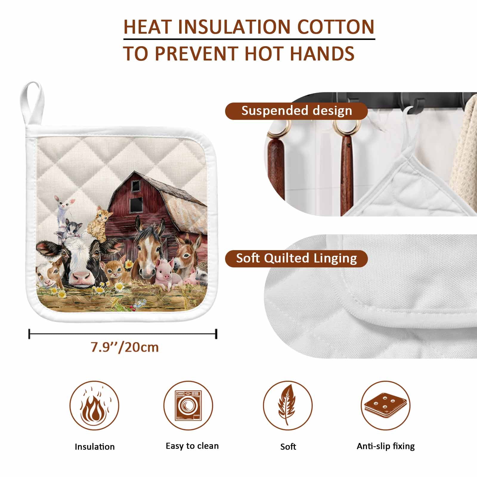 Farm Cow Pig Pot Holders for Kitchen Heatproof Potholder, 5 Pack Farmhouse Animals Retro Fench Wood Bran Hot Pads Multipurpose Oven Pads Cloth Potholders Trivet for Cooking Baking