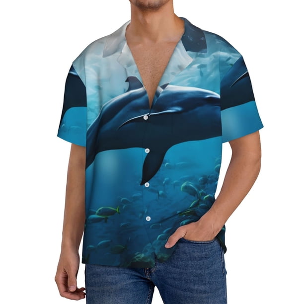 Balery Ocean Dolphin Fish School Camisa Casual de Manga Corta con Botones para Hombre, Texturizada, Estilo Cubano, para Playa, Verano-4X-Large