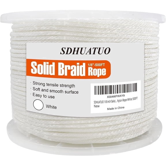 SDHUATUO 1/8 inch 500ft Nylon Solid Braided Rope, 260 lbs UV Resistant Strong Flexible Outdoor Rope for Gardening Binding Crafts, White
