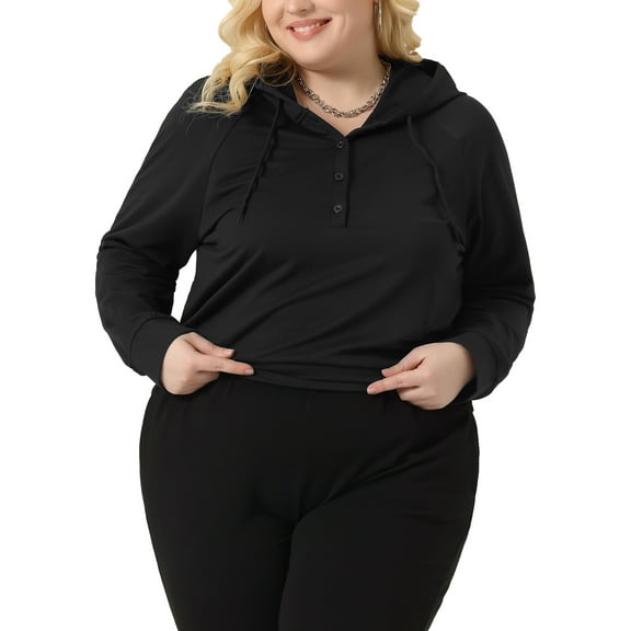 Agnes Orinda Women's Plus Size Hoodies Button Collar Drawstring Blouses Pullover Sweatshirts Long Sleeve Tops Shirts 2X Black
