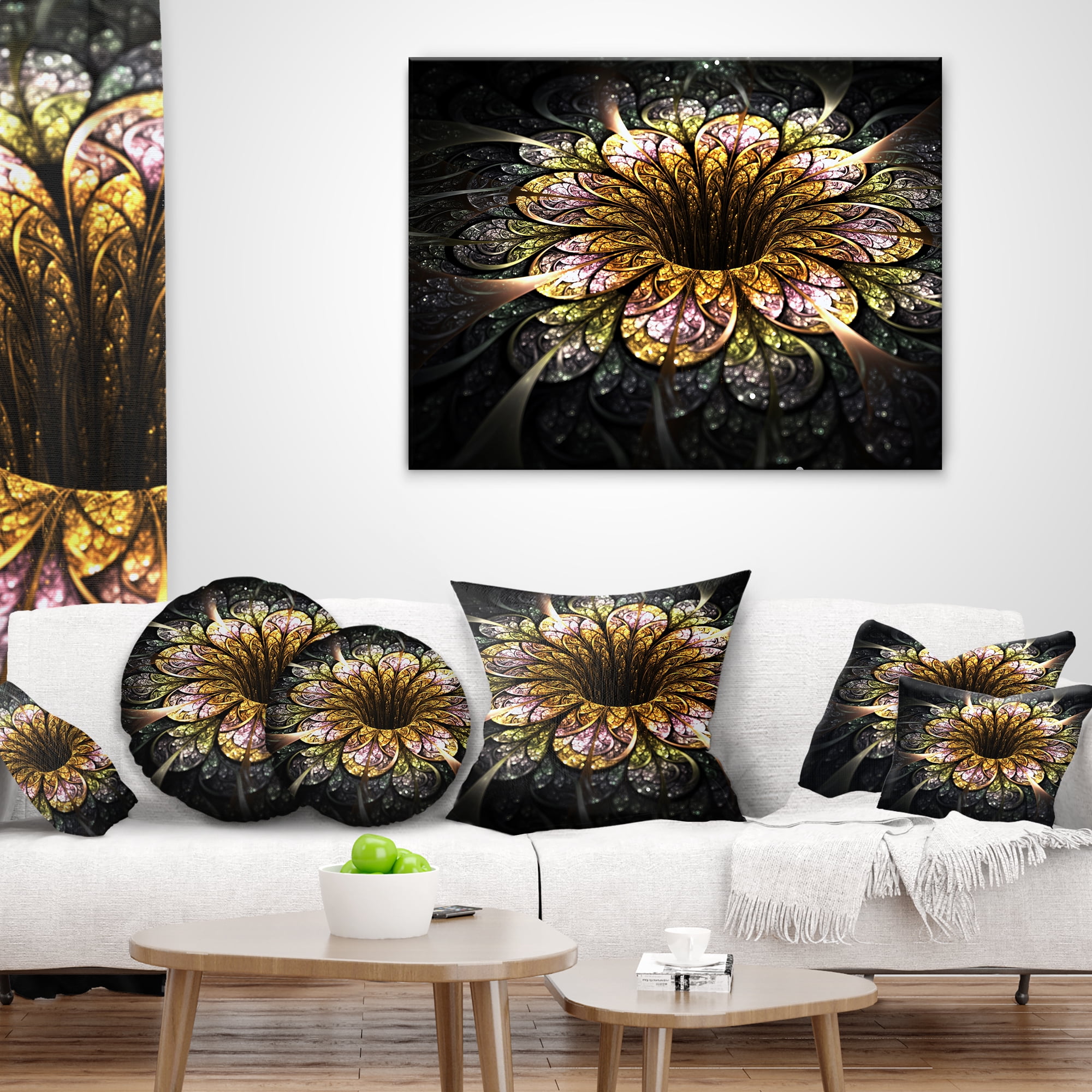 Designart Dark Golden Fractal Flower Digital Art - Floral Throw Pillow - 18x18