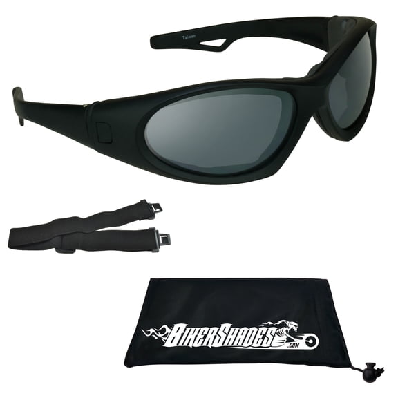 Bikershades Motorcycle SunGlasses Interchangeable Strap Smoke Lens Wide Extra Large Fit Men