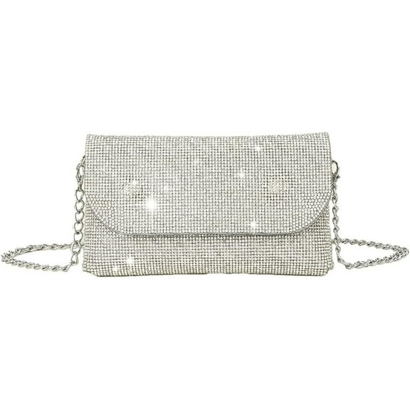 Kukuzhu Women’ Rhinestone Envelope Bag Sparkling Evening Handbag Silver Purse Bling Designer Chain Clutch for Prom Party