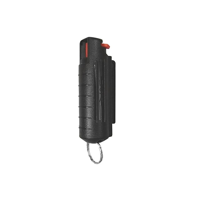 cadena llave spray llavero personal 20 ml plástico fácil llevar por los dedos para obtener preciso la multipropósito seguridad negra spray personal 20 ml con carcasa ABS negra texturizada, agarre para dedos en el lateral, botón naranja superior, válvula accesible en la parte superior y argolla metálica para llavero; suele usarse también como accesorio de seguridad portátil para bolsas o llaves.