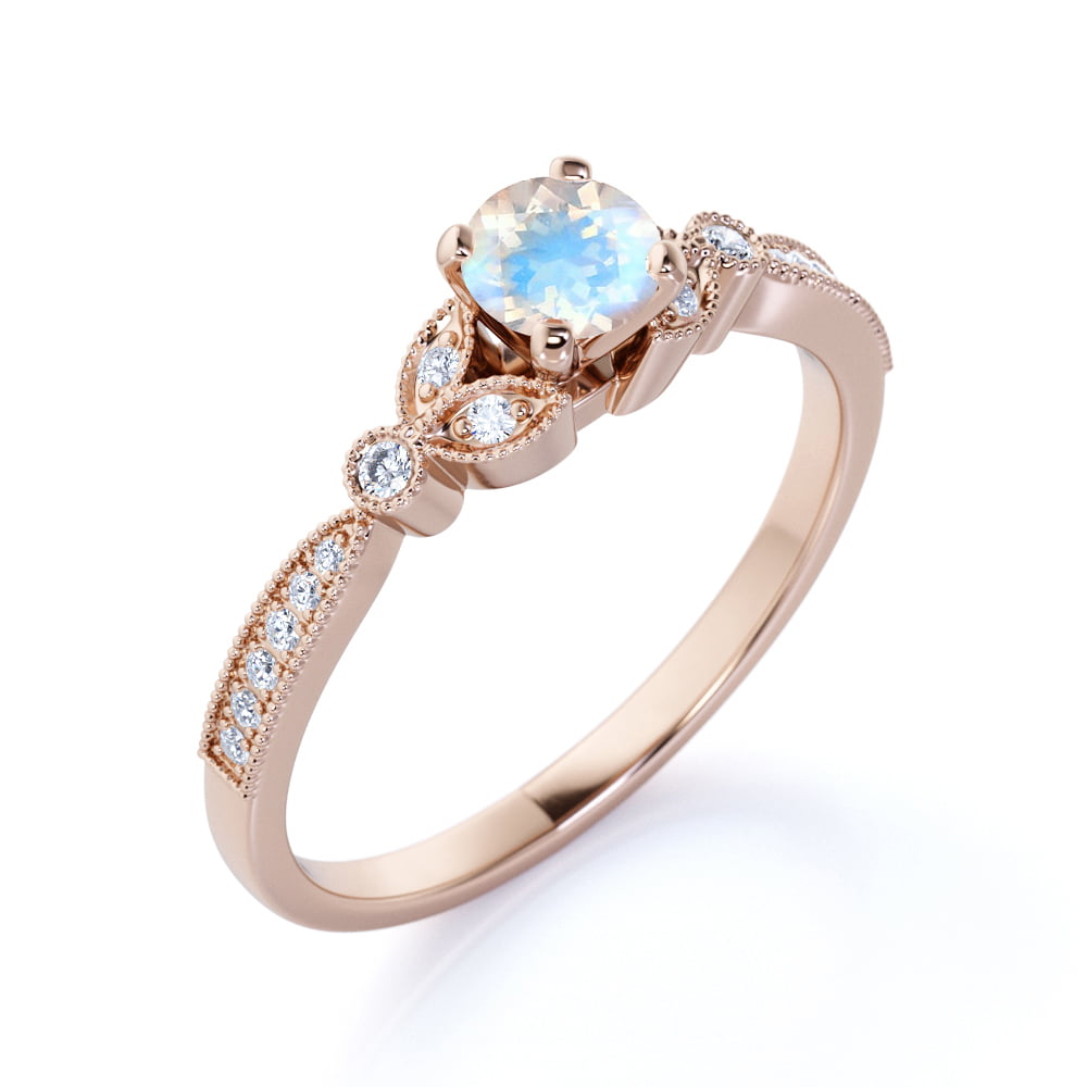 Vintage Bridal Ring Anniversary Gift 14k Rose Gold Simulated Diamond June Birthstone Natural Moonstone Blue Fire Gemstone Art Deco Ring