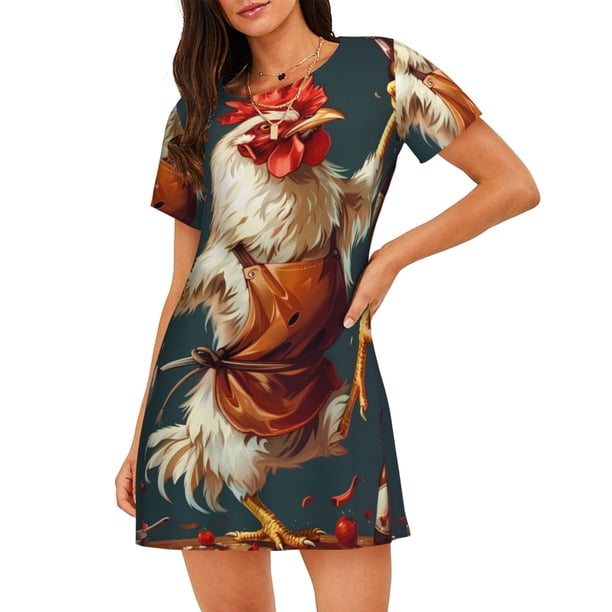 Disketp Chef Chicken With Beer Bottles para Camisón Corto de Manga Corta para Mujeres, Camisón Cómodo con Escote Redondo, Bonito y Confortable