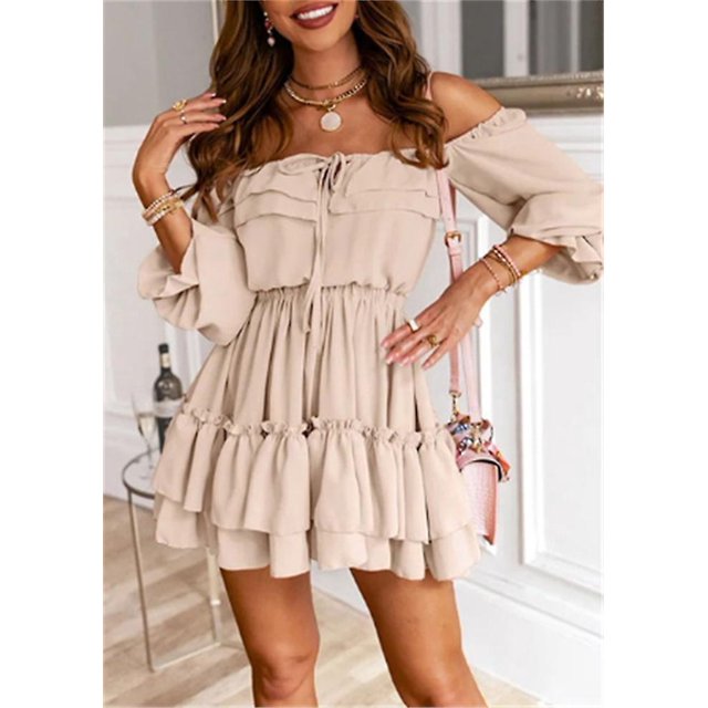 Nuevo dulce verano mujer volantes Casual sólido Mini vestido Slash cuello media manga con cordones señoras vestido de fiesta Streetwear DropshippingBROWNL