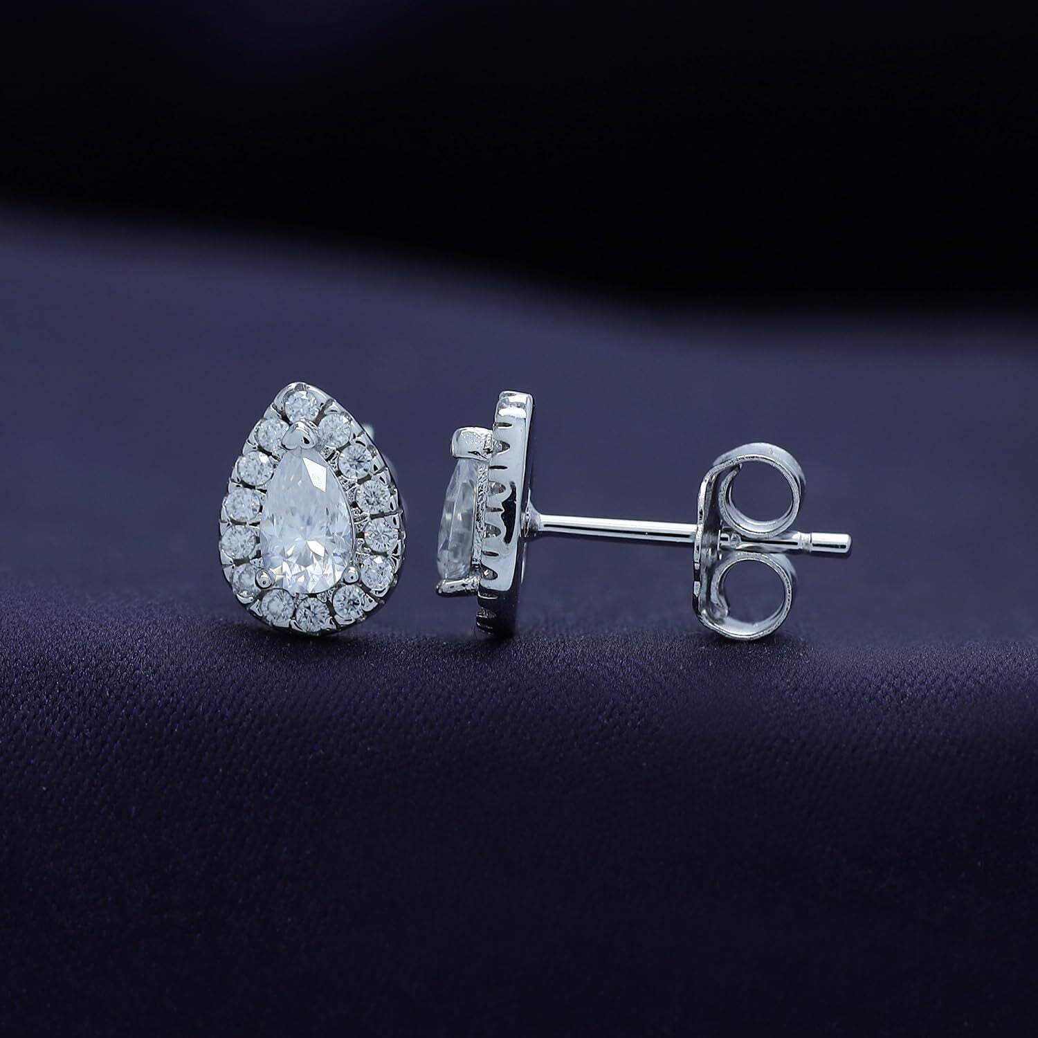 18k White Gold Plated Sterling Silver Post Halo Stud Earrings | 1/2 ctw Teardrop Moissanite Diamond Stud Earrings for Women | Push Back Earrings For Her (0.50 Ctw)