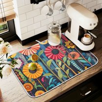 Yayeee Drying Mat for Kitchen Counter Dishes Microfiber Coffee Decorative Pad, Orange Colorful Flowers
