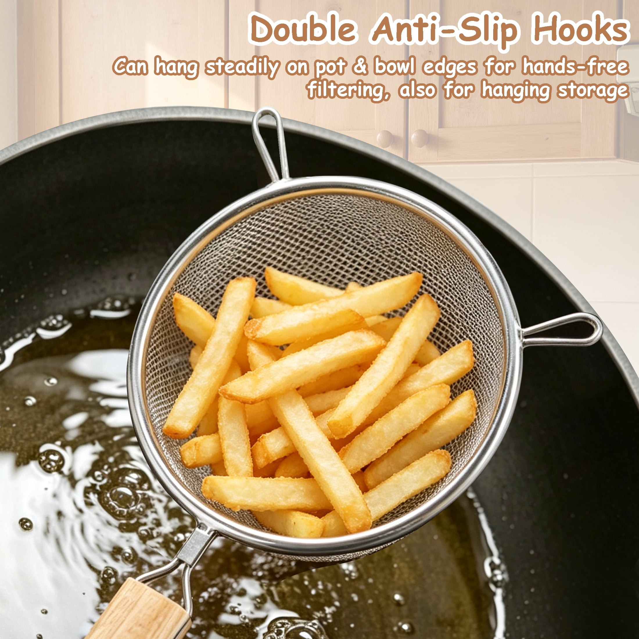3 Pack Fine Mesh Strainer Set, Stainless Steel Kitchen Sieve Colander with Wooden Handle & Double Non‑Slip Hooks, 5/5.5/6.3 Inch Metal Sifters for Baking, Flour, Tea, Fruits, Frying Food
