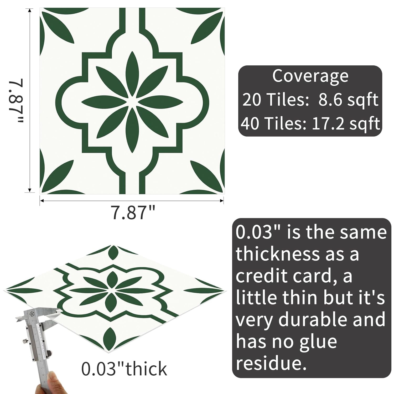 MORCART Peel and Stick Floor Tile, Vinyl Flooring Waterproof, DIY Flooring for Bathroom, Kitchen, Fireplace, Pet House, Stairs, Bedrooms, Wall (20PCS,7.87" x 7.87",Green)