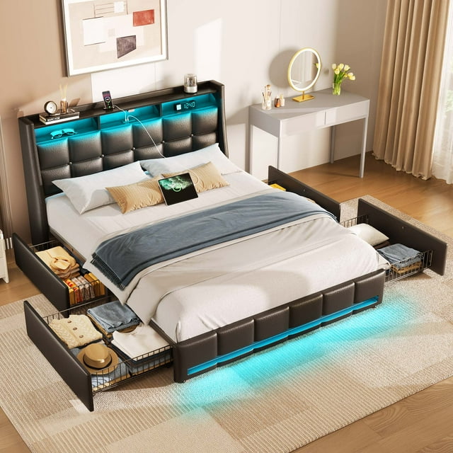 Greenstell Queen LED Storage Bed Frame - Charging Station, App Control, 1200LBS Capacity, Black