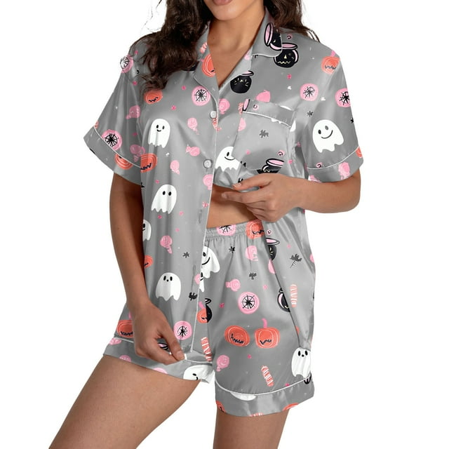 Comfortable Women Pajama Sets for Halloween Stylish Round Neck Design with Decorative Pattern Perfect for Fall and Winter Seasons Versatile for Casual Wear
