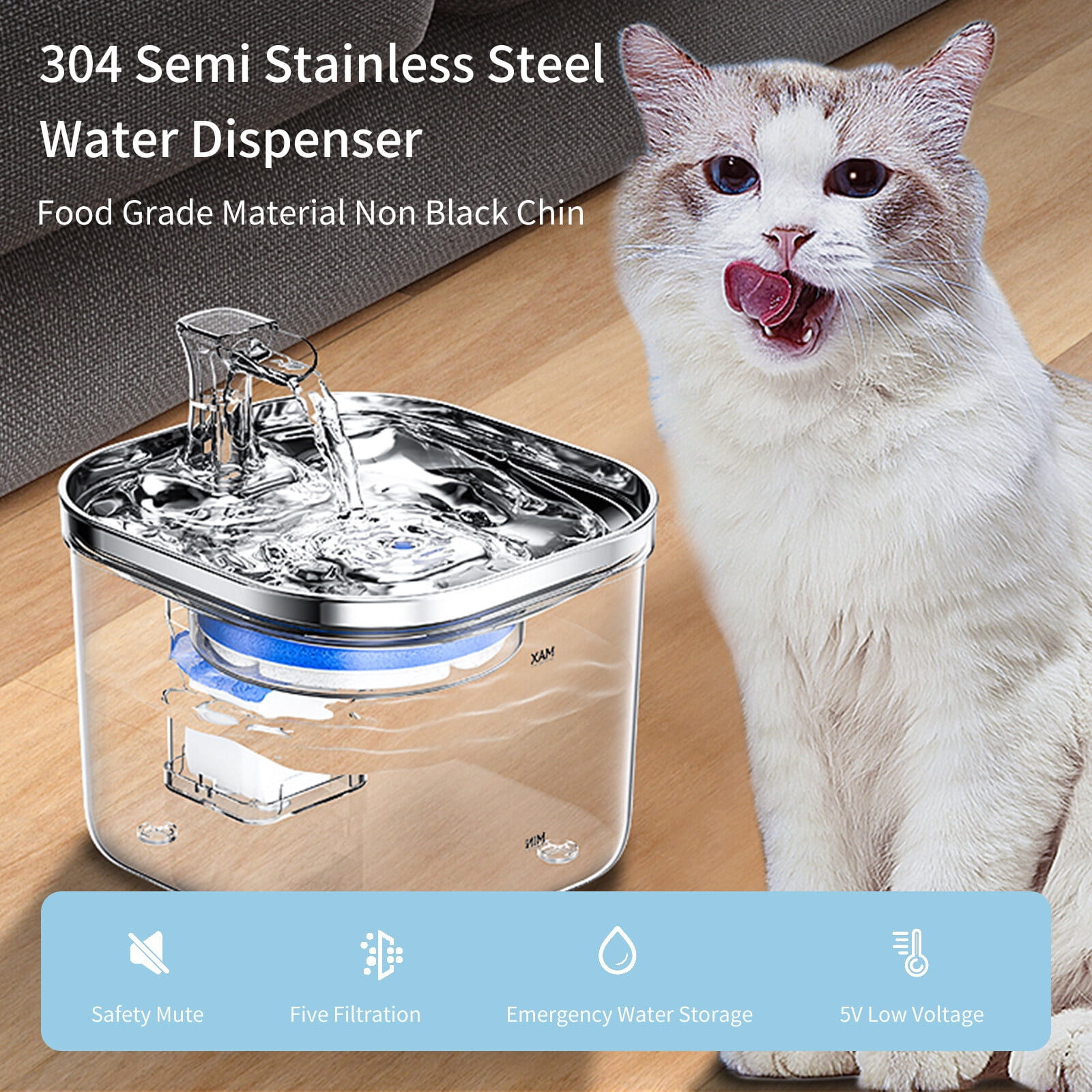 Cat Water Fountain 2L/67oz Semi Stainless Steel Pet Drinking Fountain Automatic Water Dispenser with Silent Water Pump for Cat Dog Other Pet 5V