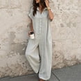 thumbnail image 2 of PBFRDSJ Short Sleeve Rompers for Women Loose Fit Wide Leg One Piece Romper Button Down V Neck Casual Jumpsuit with Back Pockets, 2 of 5