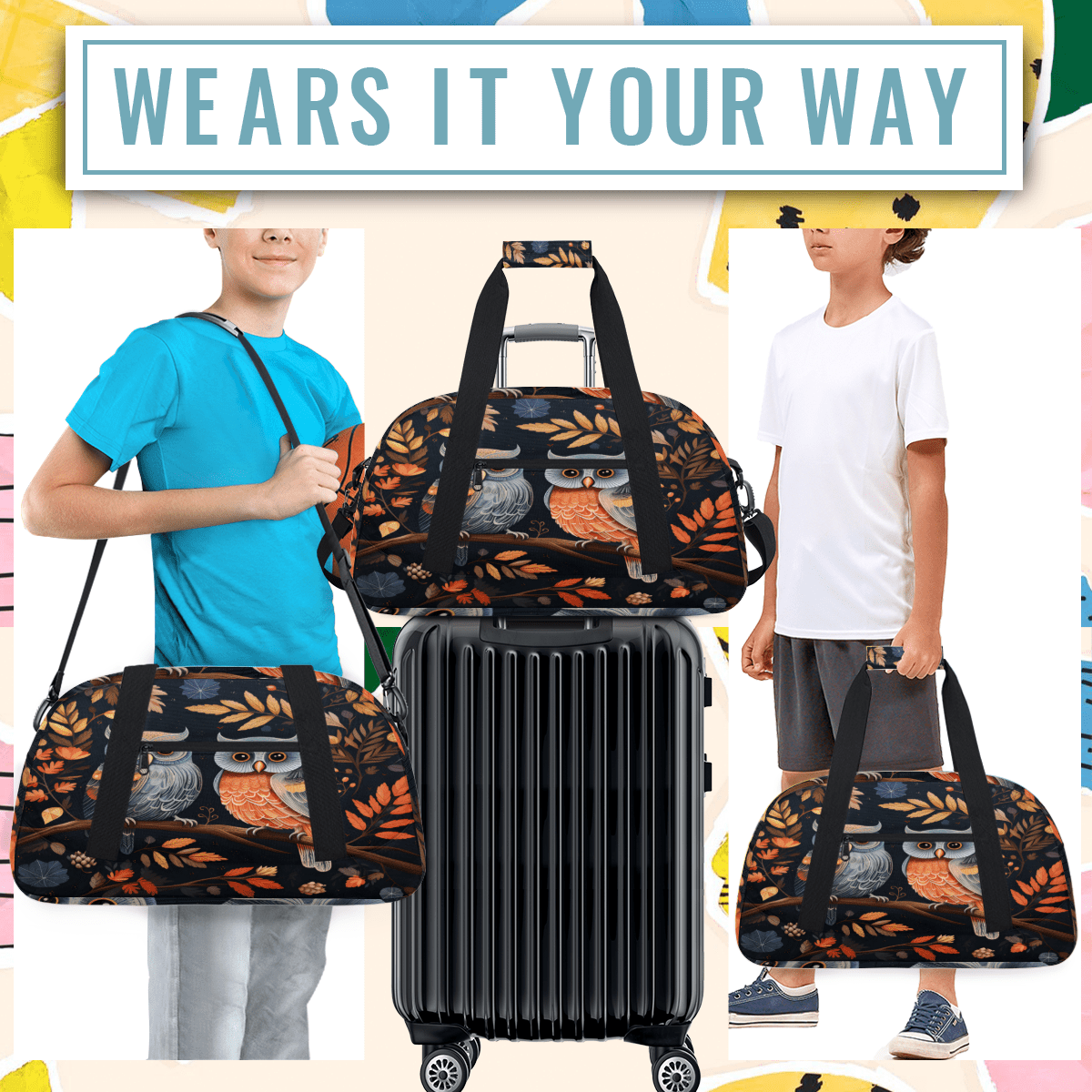 Herdesigns Cartoon Owl Sports Duffle Bag for Women & Men, Cute Owls Gym Bag Dance Bag Overnight Bag Carry On Weekender Travel Bag