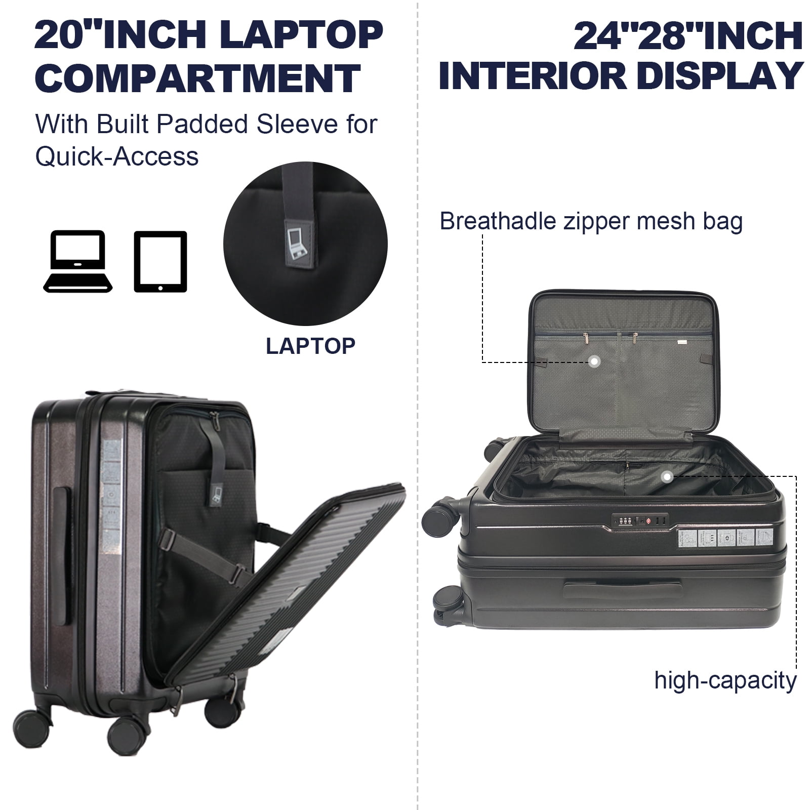 Luggage With Front Opening, Hardshell Suitcase, Grey