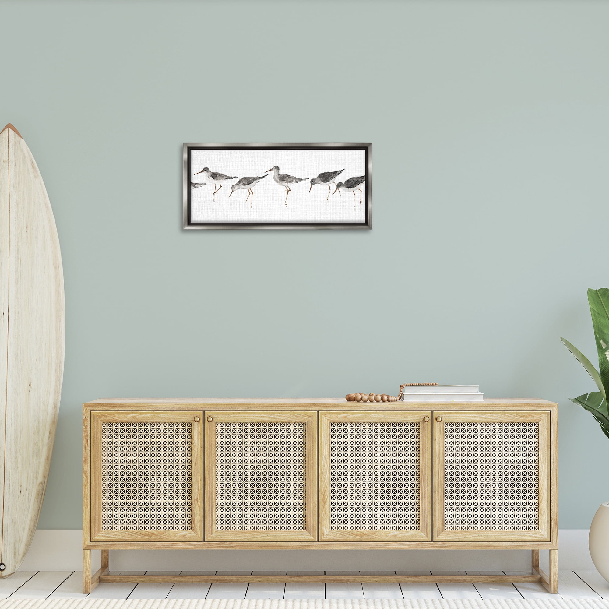 Stupell Industries Minimal Beach Bird Sandpipers Animals & Insects Painting Gray Floater Framed Canvas Art Print Wall Art, 31 x 14