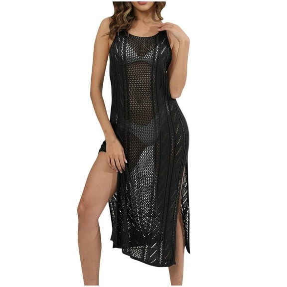 Penkiiy Crochet Cover Ups for Women Hollow Out Sleeveless Bikini Swimsuit Swimwear Side Split Long Beach Dresses Free Size Black