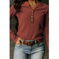 thumbnail image 1 of Women's Brown Trimmed Neckline Waffle Knit Henley Top, 1 of 5