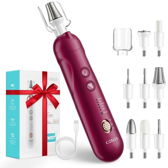 COSLUS Professional Manicure Pedicure Kit,Electric Nail Drill File,Adjustable 5 Speed,Rechargeable,with Led Light,for Home Salon Use-Red