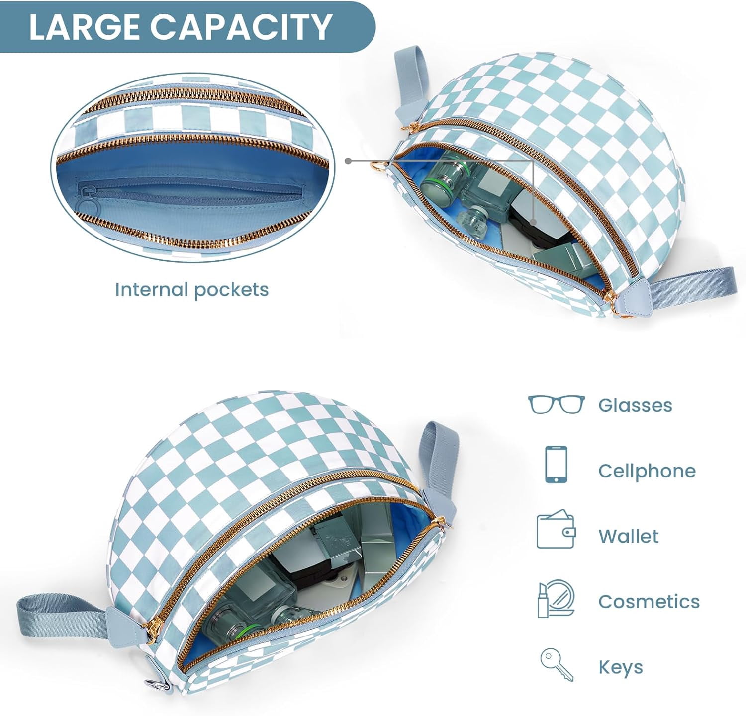 Checkered Crossbody Bag,Spacious Bum Bags for Women Nylon Crossbody Fanny Packs Checkered Purse Belt Wallet
