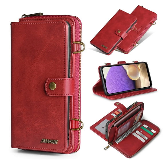 For iPhone 14 Max Wallet Case Multi-Function Wallet Case Magnetic Wallet Flip Strap Zipper Card Holder Phone Case with Shoulder Straps