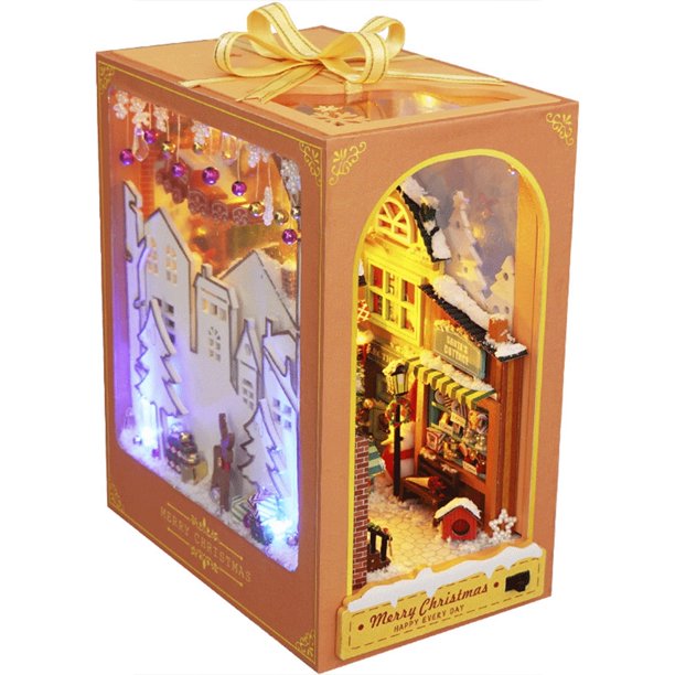 Kit de rincón de libros DIY de Ghojet, soporte de libros de madera 3D, rompecabezas con rincón de libros luminoso LED, kit de casa de muñecas, rincón de libros en miniatura de madera creativo, kits