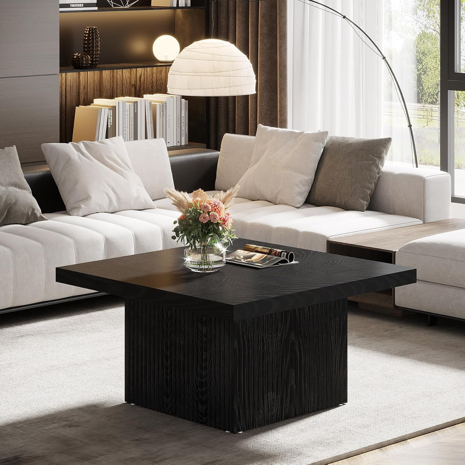 Finmind Square Coffee Table, 31.5-Inch Mid-Century Fluted Table, Large Cocktail Table for Living Room, Easy Assembly - Black