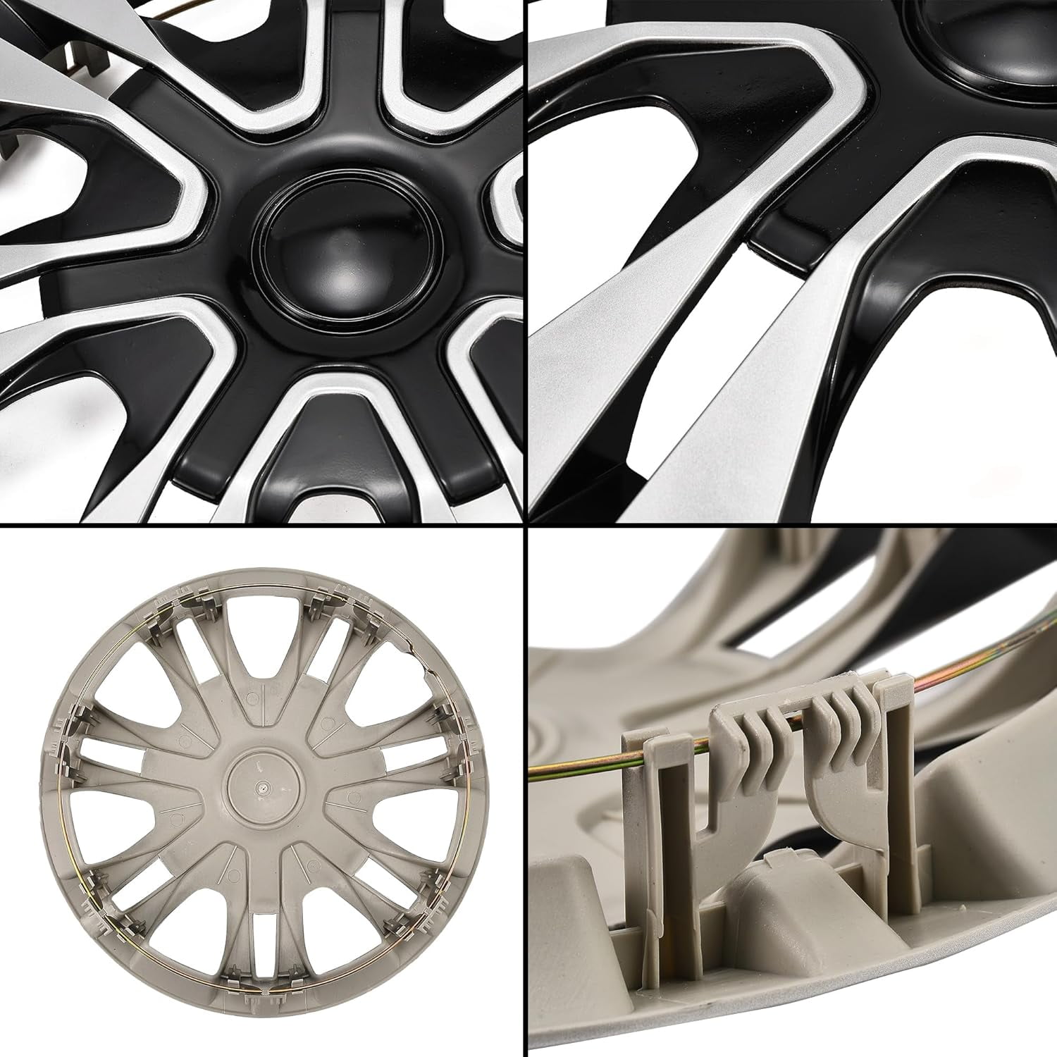4 pack 15" Black with Silver Hubcap Wheel Cover Replacement Kit 15" Hub Caps Wheel Rim Cover Car Exterior Accessories