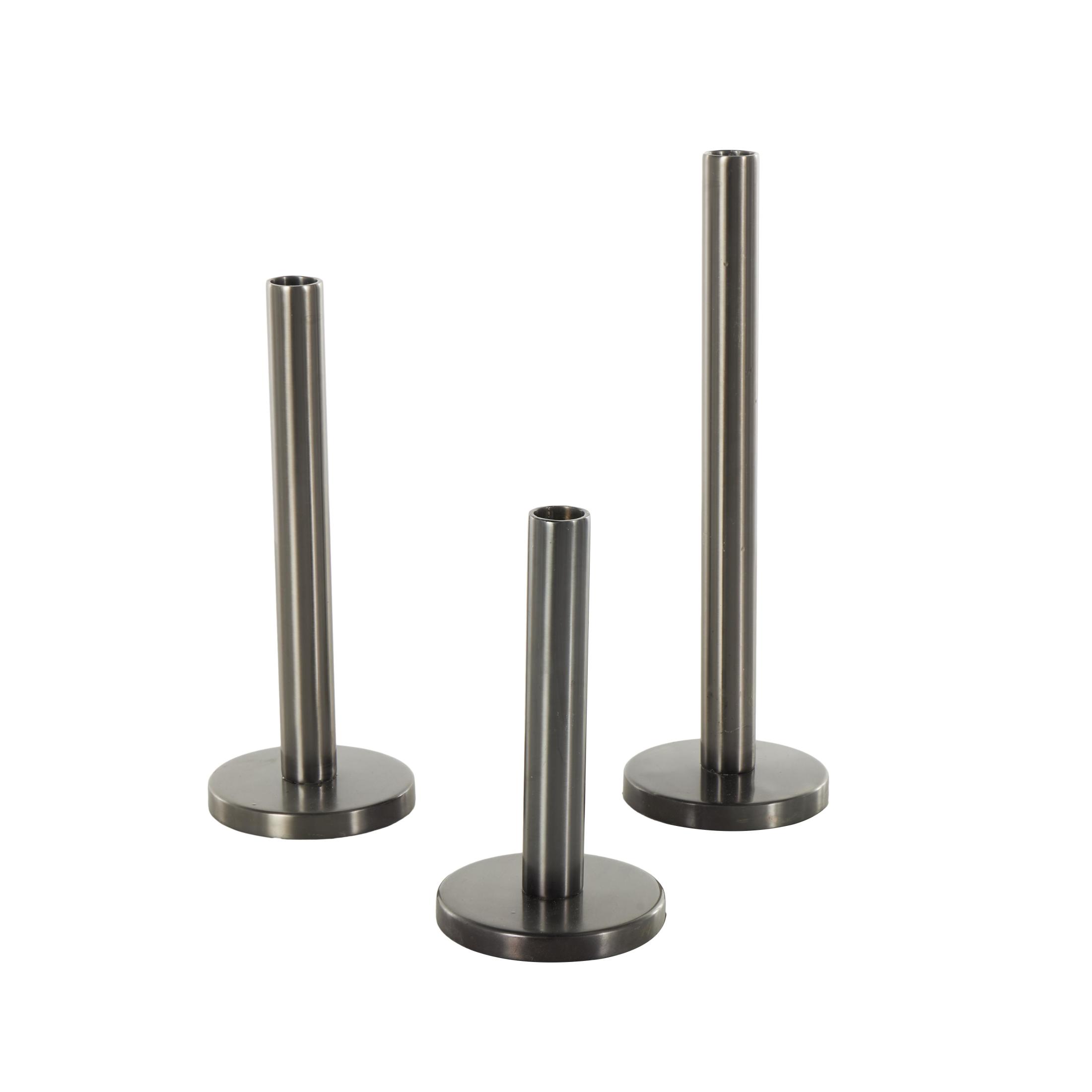 DecMode 3 Candle Black Stainless Steel Metal Slim Candle Holder with Round Base, Set of 3