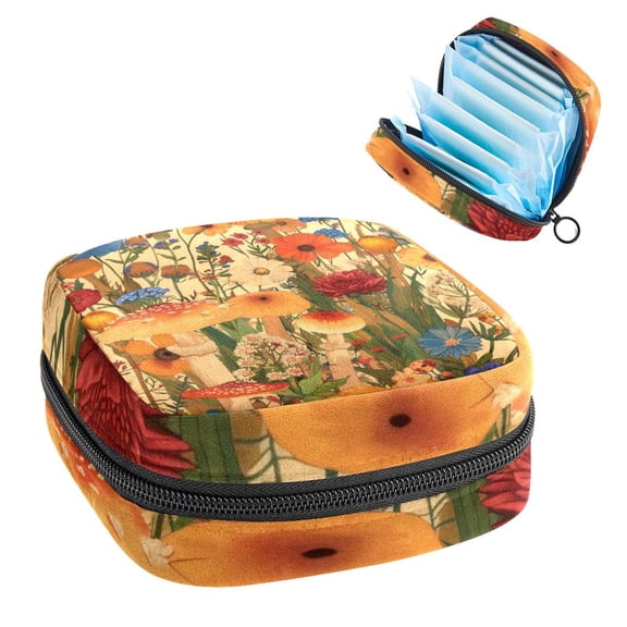Sanitary Napkin Storage Bag for Girls Women, Portable First Period Pads Bag Tampons Holder Girls Travel Makeup Bag, Large Capacity Mushroom Vintage Beige Colorful Flowers