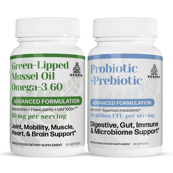 TURNER Green Lipped Mussel Oil Omega-3, Joint Comfort & Mobility, No Fishy Aftertaste, 1 Bottle, 60 Softgels plus 1 Bottle of Probiotic  Prebiotic
