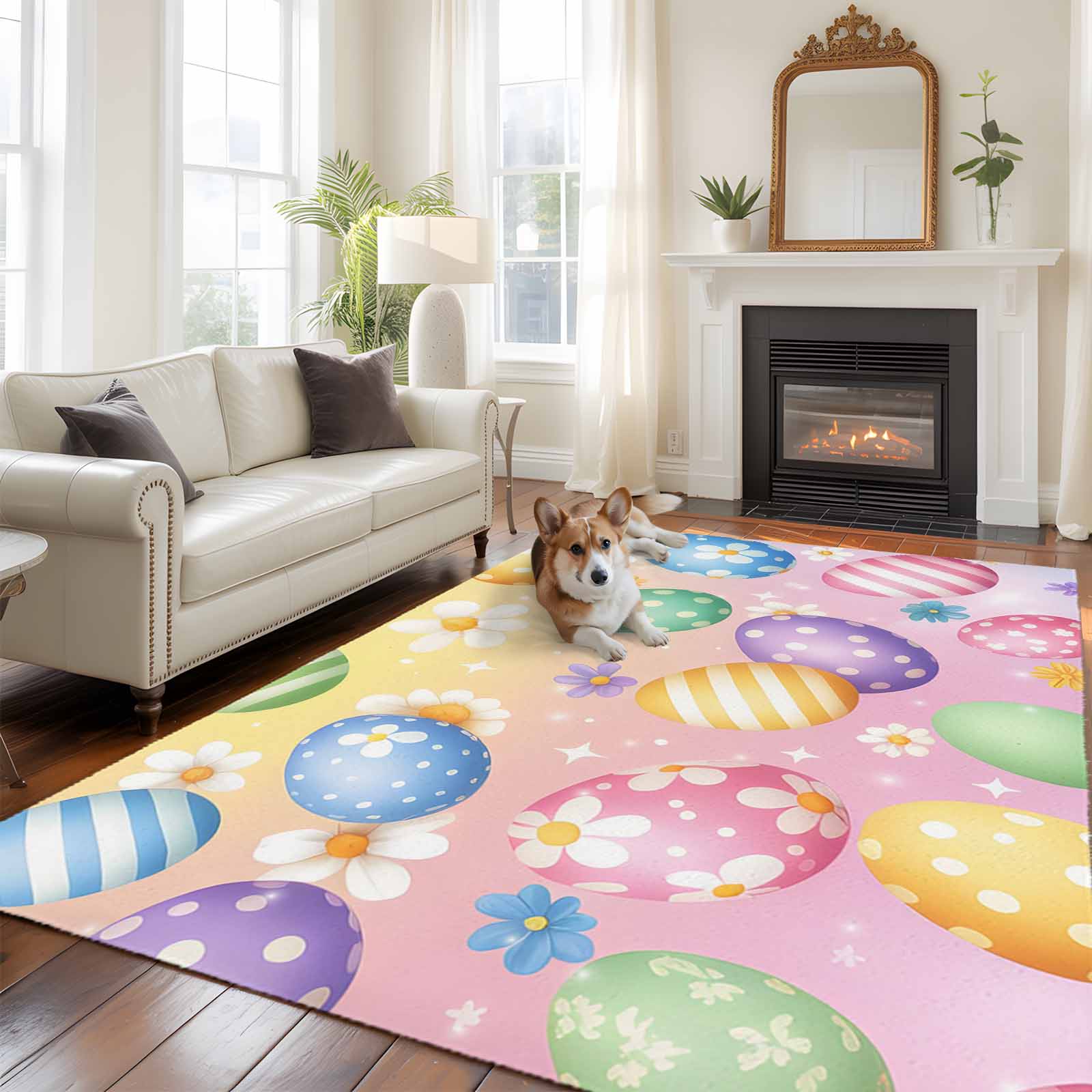 5'x7' Area Rugs for Living Room Bedroom, Easter Colorful Eggs Washable Rug Carpet Runner Indoor Outdoor, White Daisy Spring Flowers Non Slip Floor Mats Area Rug for Kitchen, Nursery