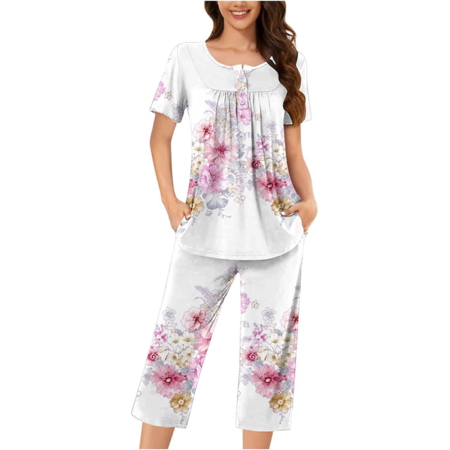Rbaofujie Pantalon de Pyjama Femme Décontracté Col Rond Manches Courtes Blouse Pantalon Mode Ensemble de Pyjama Manches Courtes Tenue de Nuit