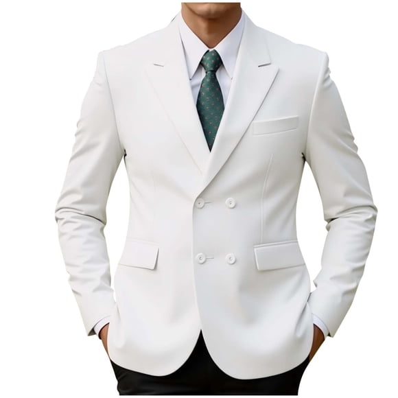 LNWUY Men's Double Breasted Suit Blazer Slim Fit Solid Color Sport Coat Jacket for Business, Wedding, Prom, Formal Events White L