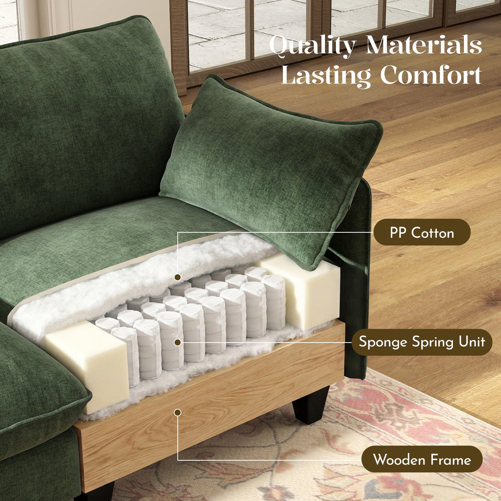 BedLuxury 105" Modular Sectional Sofa with Movable Ottoman, L-Shaped Deep Seat Cloud Couch for the Living Room, 3-Seat, Green