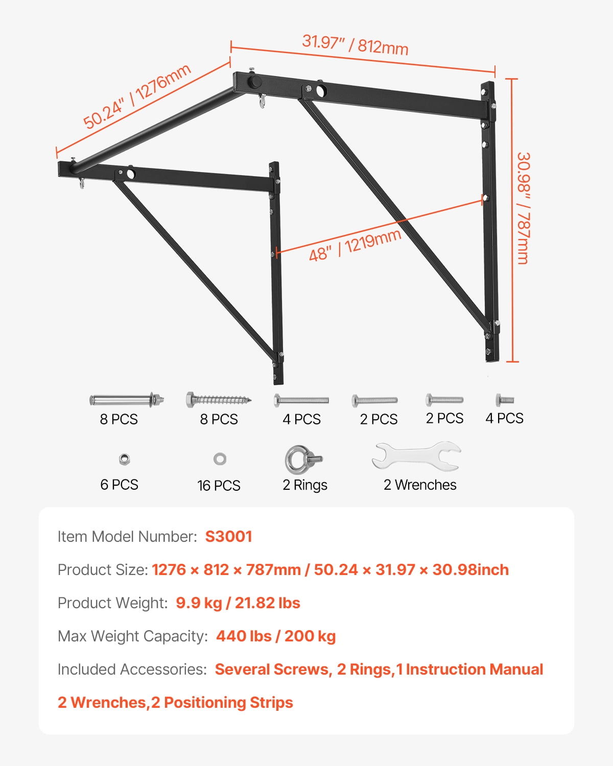 VEVOR Pull Up Bar, 50 in Width Wall Mounted Pull Ups, Adjustable Depth 22" or 30" from Wall, Heavy Duty Steel Upper Body Workout Bars, 440 lbs Weight Capacity Chin Up Training Station, for Home Gym