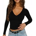 thumbnail image 3 of Stichou Women's Deep V Neck T Shirts Long Sleeve Casual Going Out Cropped Tops Slim Fitted Y2K Summer Spring Outfits Black L, 3 of 7