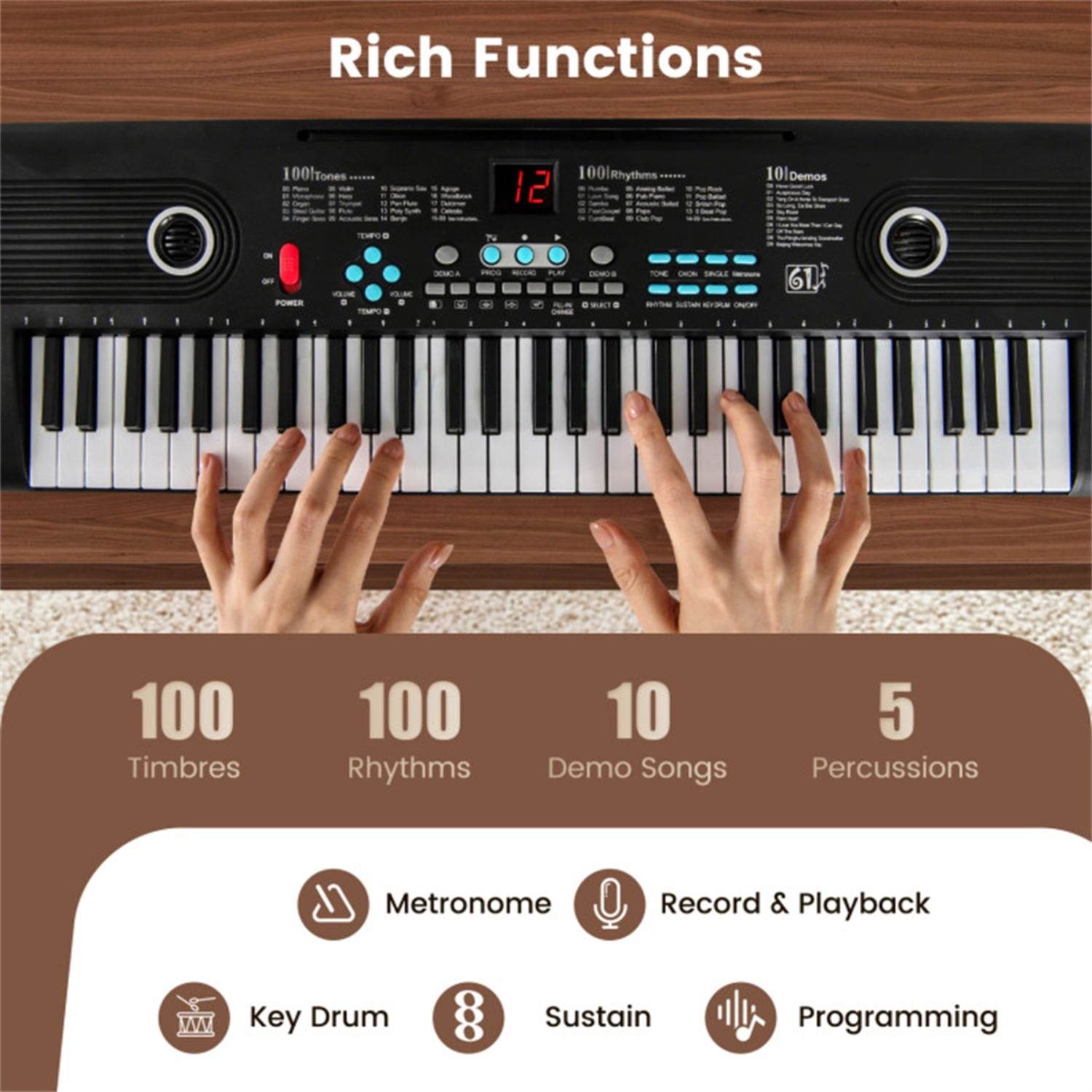 61-Key Portable Electric Keyboard for Beginners, 58.42×17.78×5.08 cm Digital Piano with 100 Rhythms/Timbres & Full Accessory Kit, Black