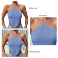thumbnail image 3 of Estrela Top con cuello halter para mujer, camisola con dobladillo curvado sin espalda, blusa sin mangas con nudo en la espalda de color puro, azul L, 3 of 4