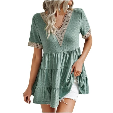 YYDGH Womens Lace V Neck Cute Babydoll Tops Short Sleeve Eyelet T Shirts Summer Casual Peplum Loose Fit Tunic Shirts Green L
