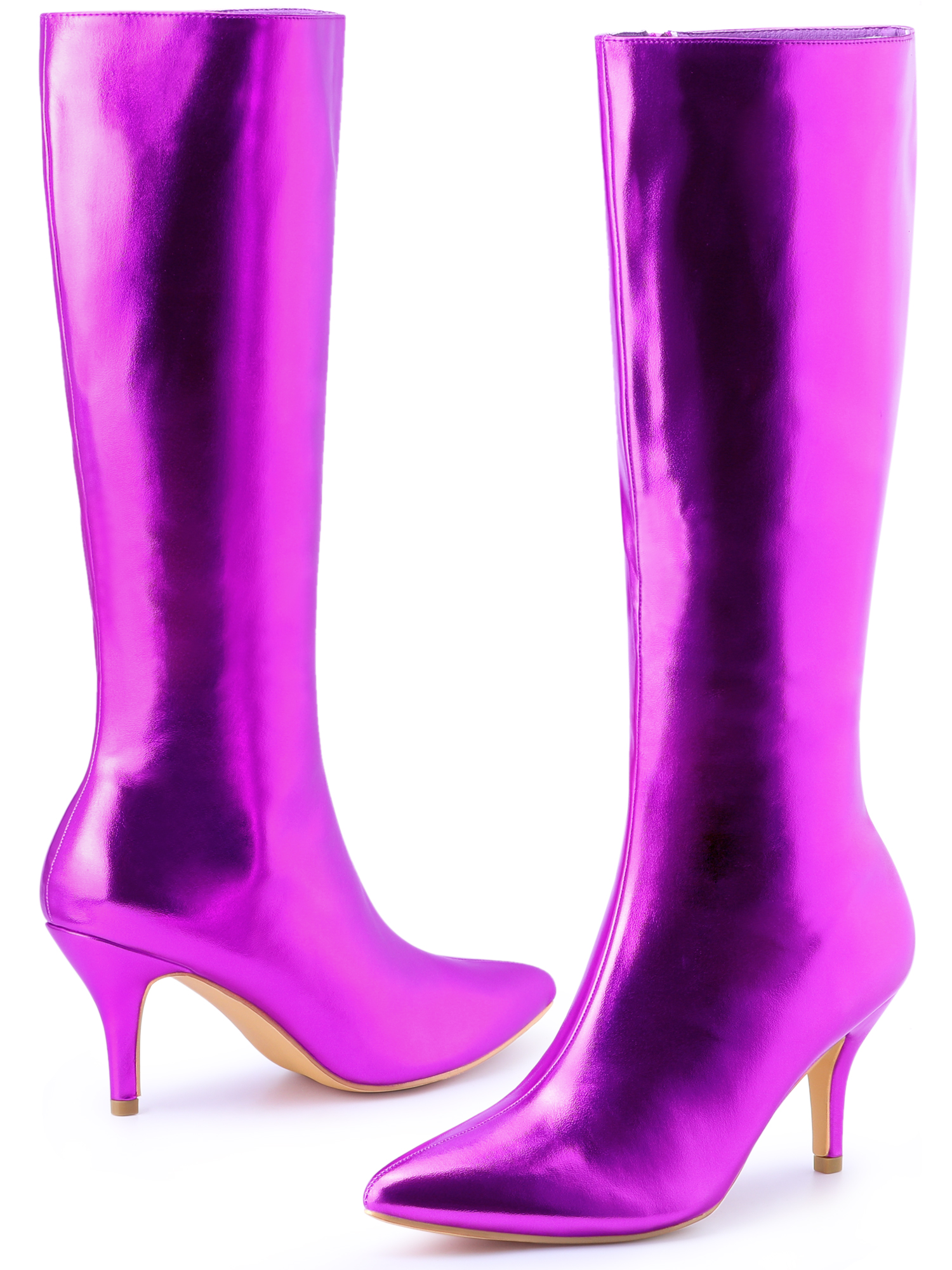 DARING DIVA Women's Pointed Toe Stiletto Heels Shiny Knee-high Boots Purple 8